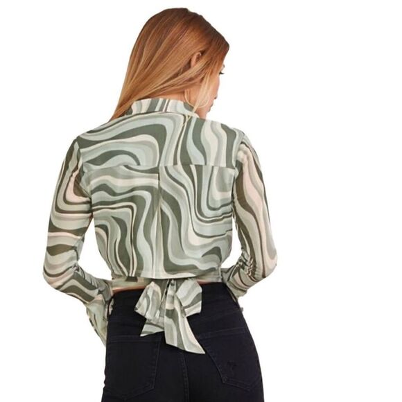 Geo Print Bell Sleeve Wrap Crop Top Sz Small - Picture 3 of 7